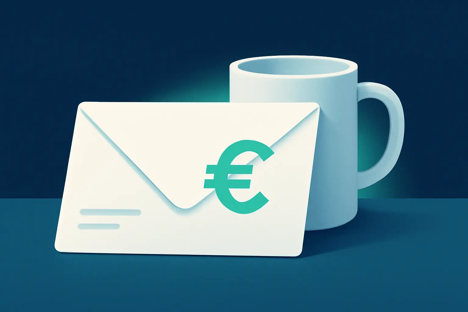Briefumschlag an einer Kaffeetasse mit mintgrünem Lichtakzent – Symbolbild zum Thema Rechnung wird nicht bezahlt