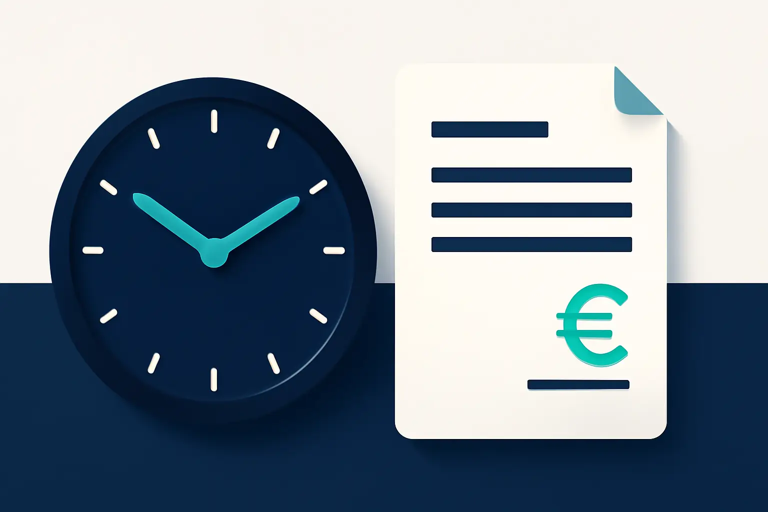 Stilisiertes Zifferblatt mit mintgrünem Zeiger neben einem gefalteten Dokument – Symbolbild zum Thema Rechnung wird nicht bezahlt