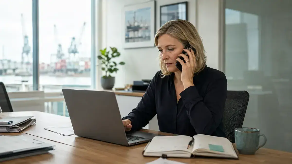 Mitarbeiterin im telefonischen Kundengespräch an einem Laptop mit Kalender und Fristmarkierung.