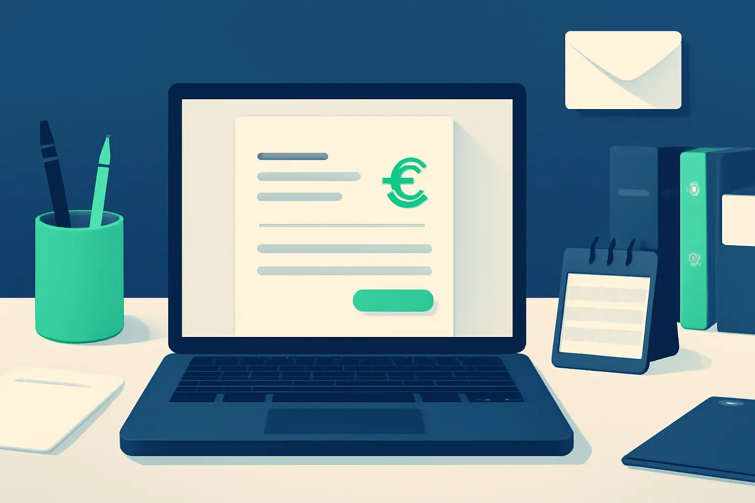 A laptop showing an abstract form layout on a tidy desk – illustration for the topic Unpaid invoices