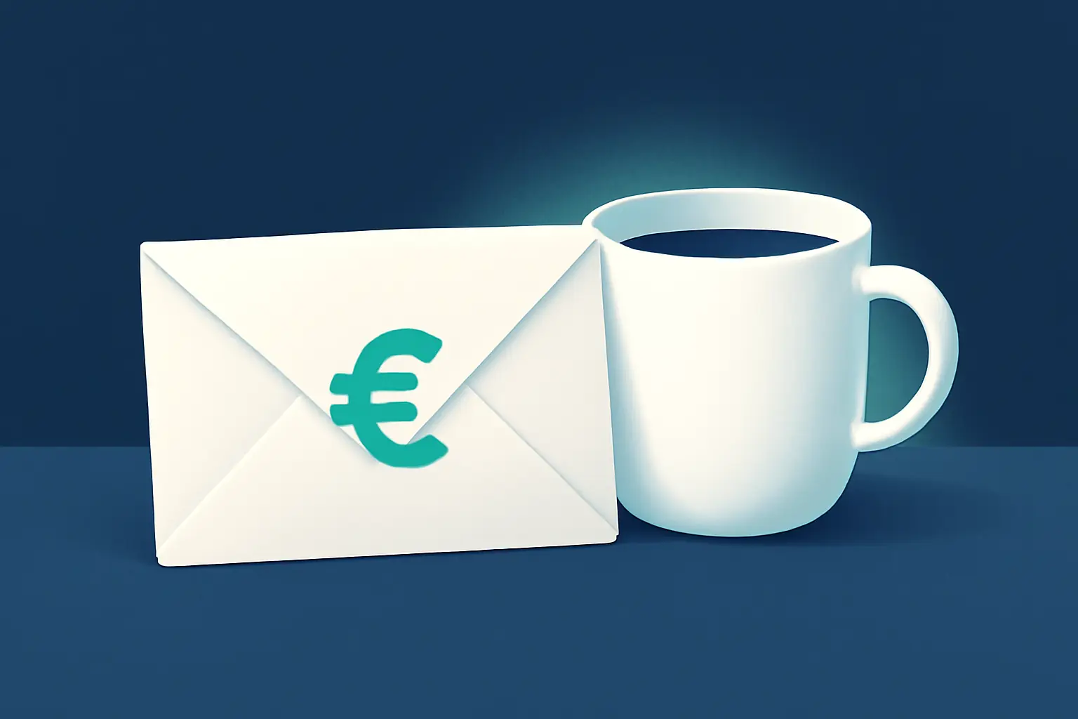 Briefumschlag an einer Kaffeetasse mit mintgrünem Lichtakzent – Symbolbild zum Thema Rechnung wird nicht bezahlt
