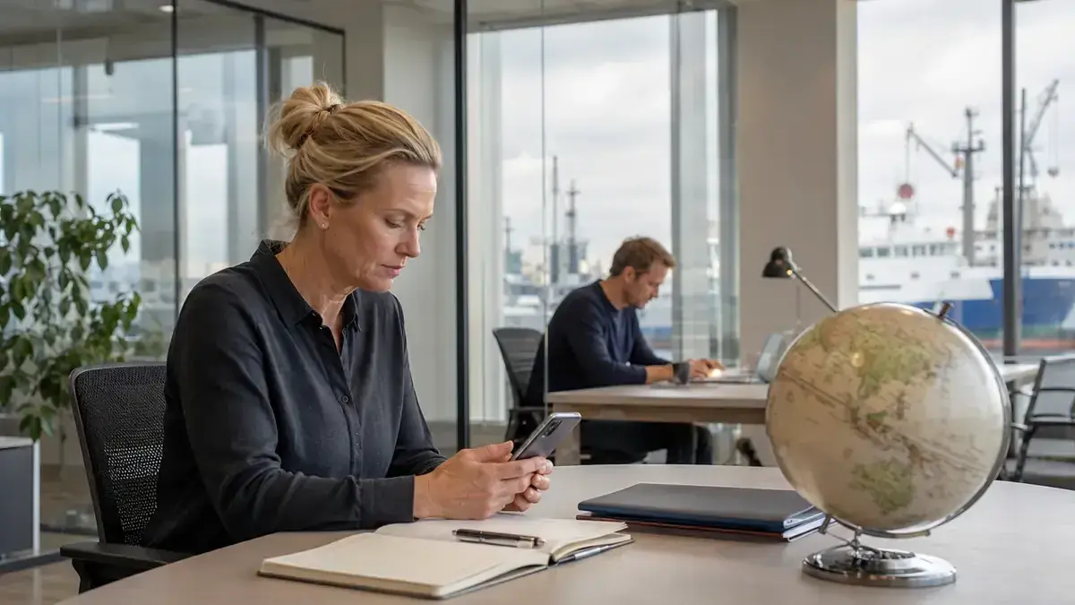 Professional using a smartphone in a transparent modern office with globe for cross-border cases – editorial image for “Invoice is not paid and the debtor is abroad: which procedures can help”.