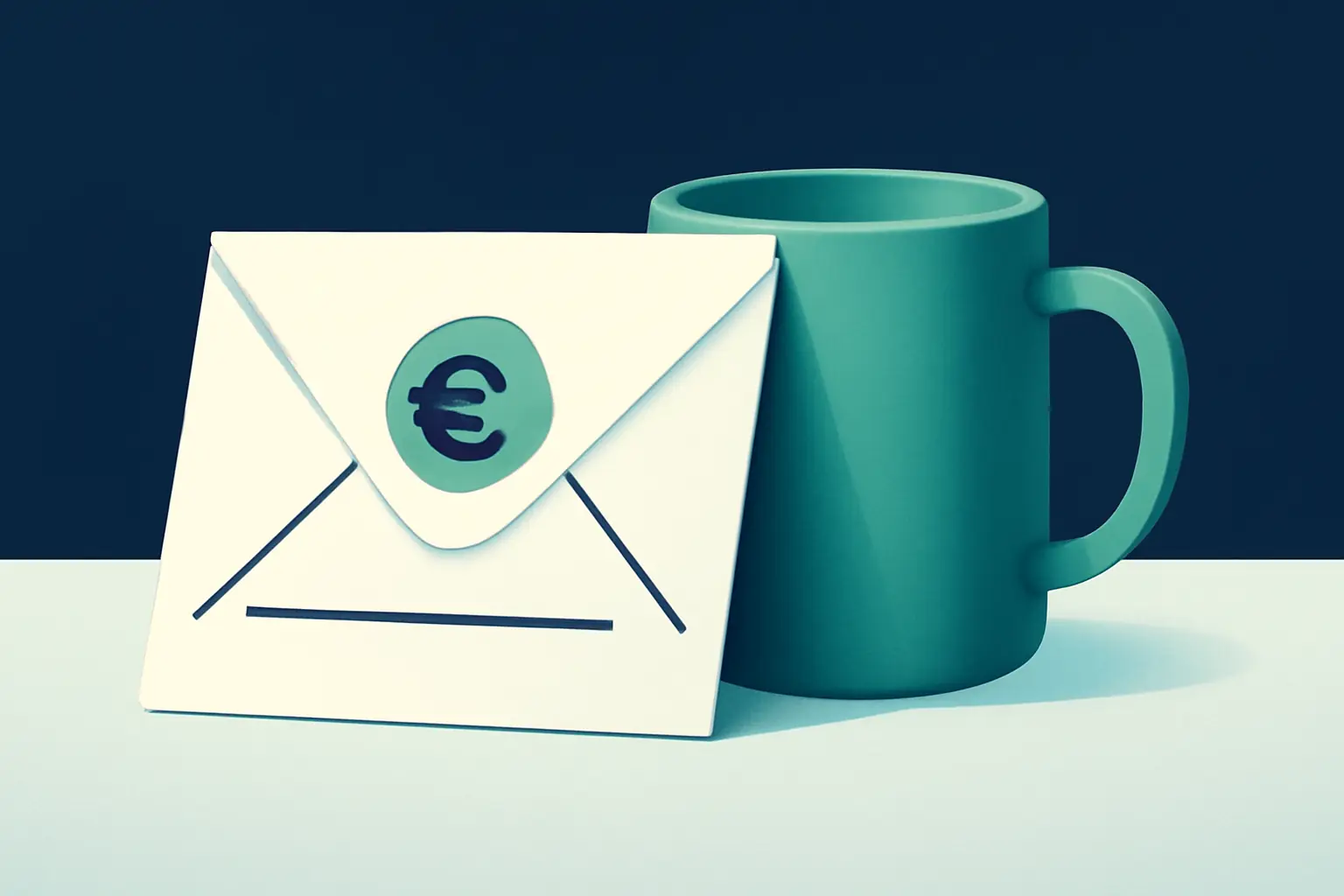 Briefumschlag an einer Kaffeetasse mit mintgrünem Lichtakzent – Symbolbild zum Thema Rechnung wird nicht bezahlt