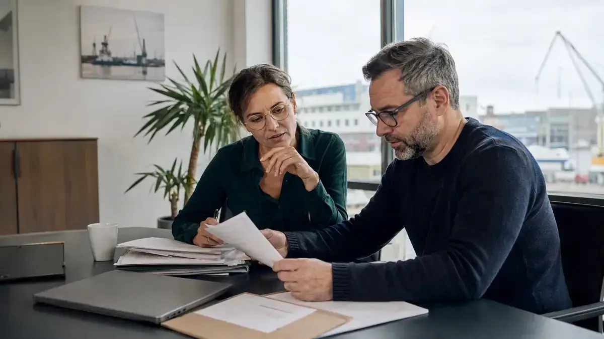 zwei Fachleute bei der gemeinsamen Prüfung eines Geschäftsvorgangs mit Unternehmenssymbol – Symbolbild zum Beitrag „Rechnung wird nicht bezahlt von einem Geschäftskunden: B2B-Rechte im Überblick“.