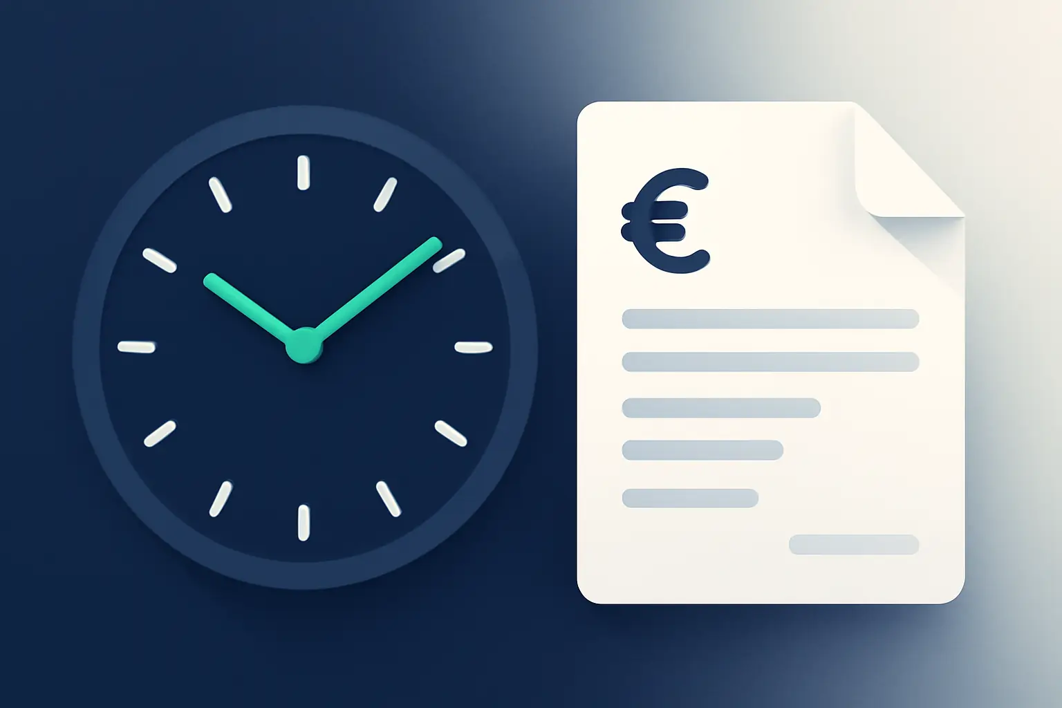 Stilisiertes Zifferblatt mit mintgrünem Zeiger neben einem gefalteten Dokument – Symbolbild zum Thema Rechnung wird nicht bezahlt