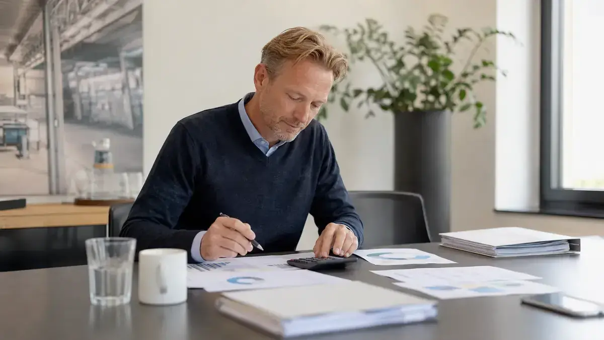 Finanzkennzahlen, Diagramme und ein Taschenrechner mit Unternehmenssymbol – Symbolbild zum Beitrag „Rechnung wird nicht bezahlt von einer Privatperson: Was Unternehmen beachten müssen“.