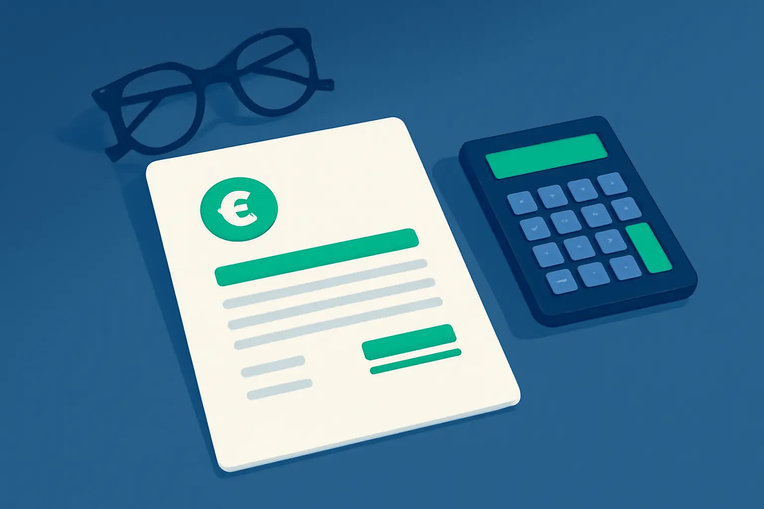 Una hoja sobre un escritorio junto a una calculadora y unas gafas – imagen sobre el tema Facturas impagadas
