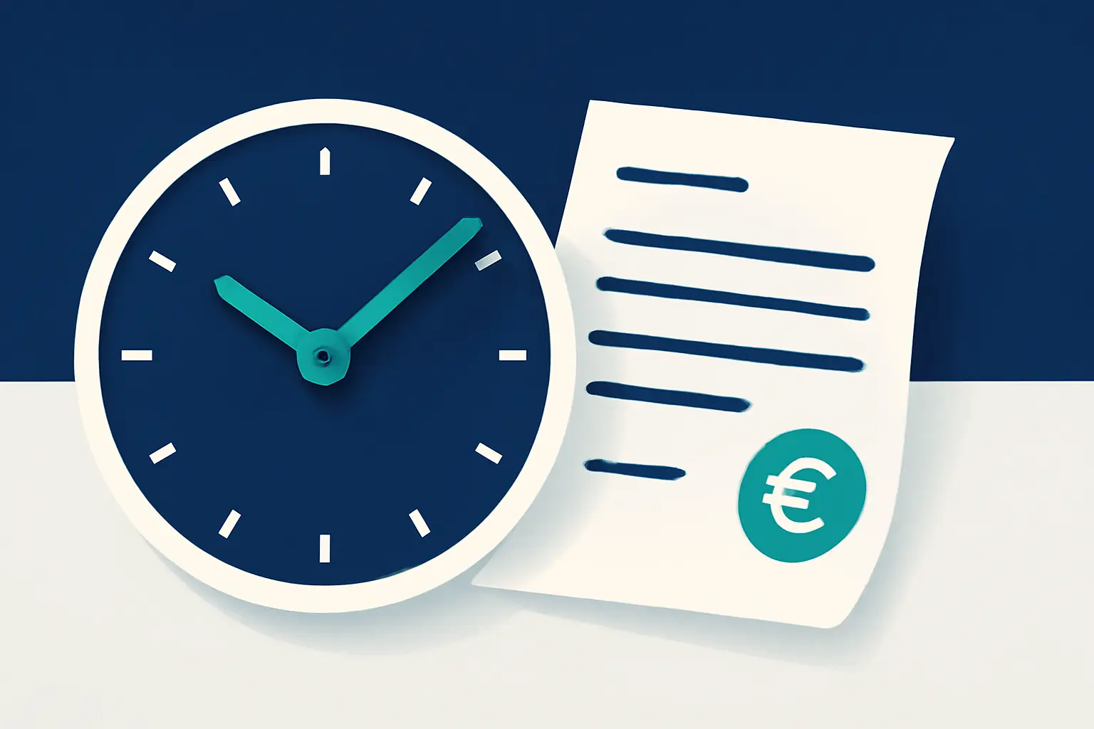 Stilisiertes Zifferblatt mit mintgrünem Zeiger neben einem gefalteten Dokument – Symbolbild zum Thema Rechnung wird nicht bezahlt