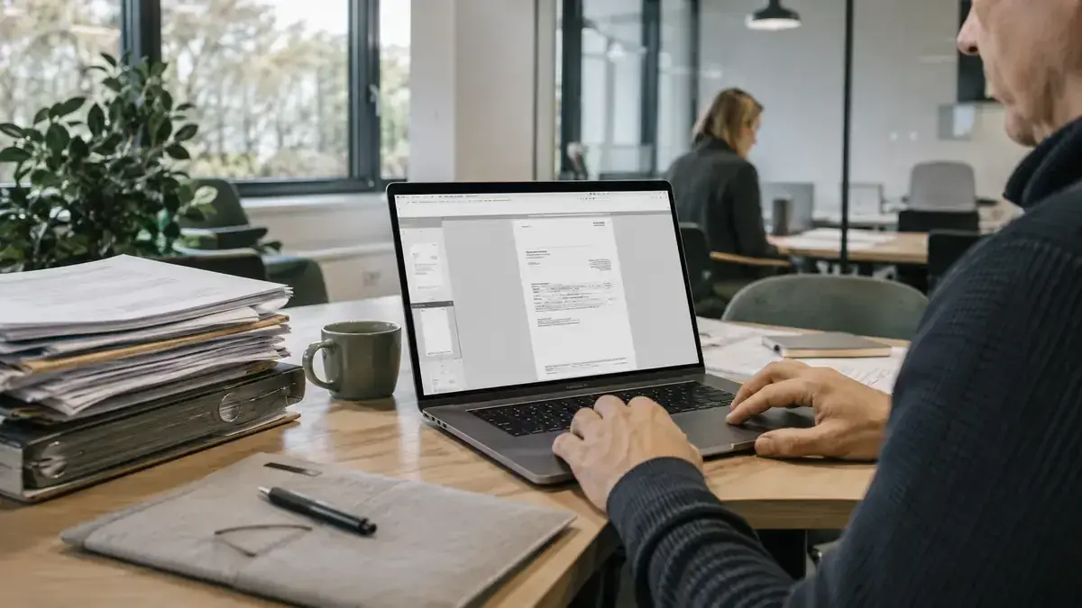 digitale Rechnungserfassung an einem Laptop mit digitalem Rechnungsdokument – Symbolbild zum Beitrag „Rechnung wird nicht bezahlt wegen angeblicher Doppelabrechnung: Buchungen abgleichen“.