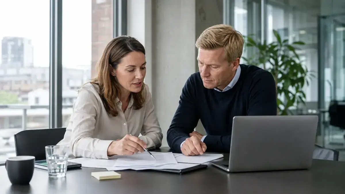 zwei Fachleute bei der gemeinsamen Prüfung eines Geschäftsvorgangs mit geordnetem digitalen Forderungsordner – Symbolbild zum Beitrag „Rechnung wird nicht bezahlt, weil der Kunde insolvent ist: Was noch möglich ist“.
