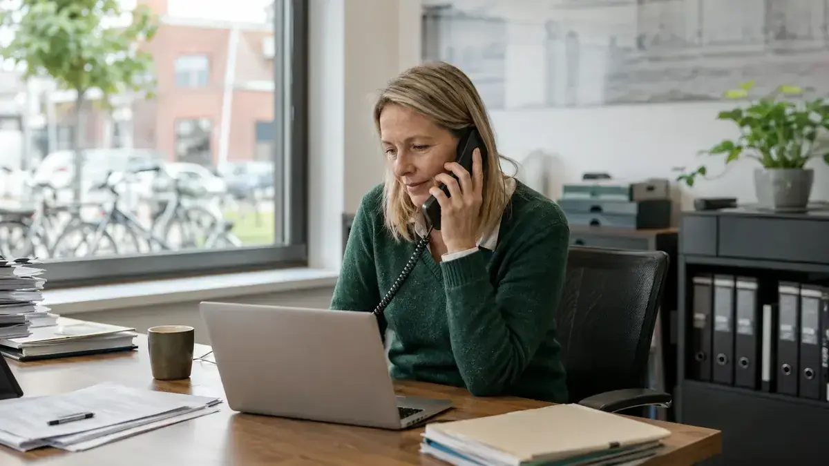 Mitarbeiterin im telefonischen Kundengespräch an einem Laptop mit Prüf- und Qualitätssymbol – Symbolbild zum Beitrag „Seriöses Inkasso erkennen: Register, Transparenz und klare Kommunikation“.